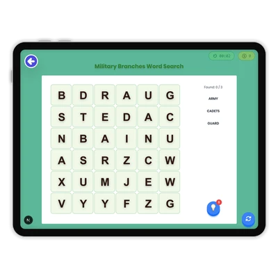 Military Branches Word Search - game educational content
