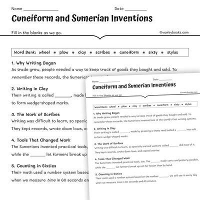 Cuneiform and Sumerian Inventions - worksheet educational content