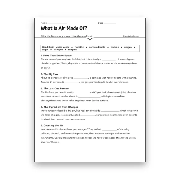 What Is Air Made Of - worksheet educational content