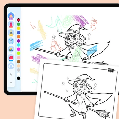 Witch flying on broomstick - coloring educational content