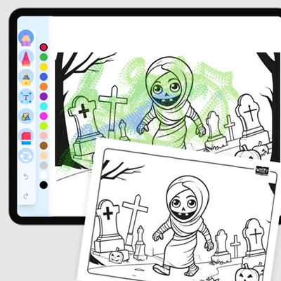 Mummy walking in graveyard - coloring educational content