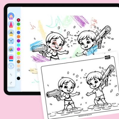 Splashing with water guns - coloring educational content