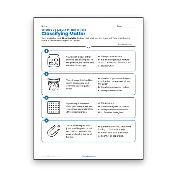 Classifying Matter - Inferences Activity - worksheet educational content
