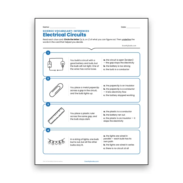 Electrical Circuits - Inferences Activity worksheet for grade 6