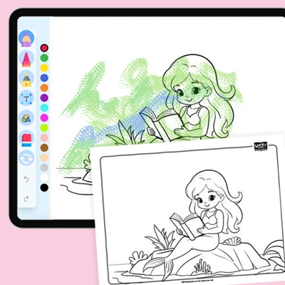 Mermaid reading a book - coloring educational content