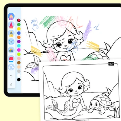 Mermaid playing with sea turtles - coloring educational content