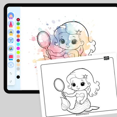 Mermaid playing with a mirror - coloring educational content