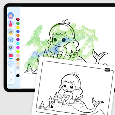 Mermaid with a Sandcastle - coloring educational content
