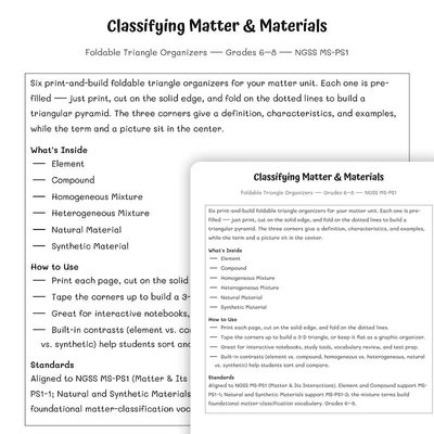 Classifying Matter & Materials — Foldable Triangle Organizers - worksheet educational content