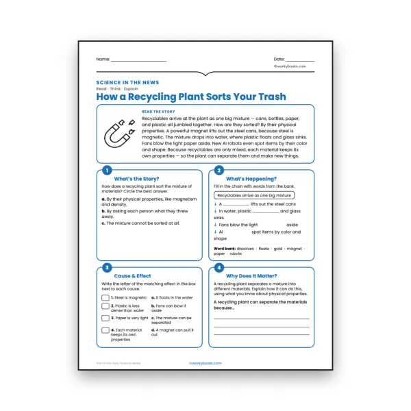 How a Recycling Plant Sorts Your Trash - worksheet educational content