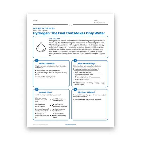 Hydrogen: The Fuel That Makes Only Water - worksheet educational content