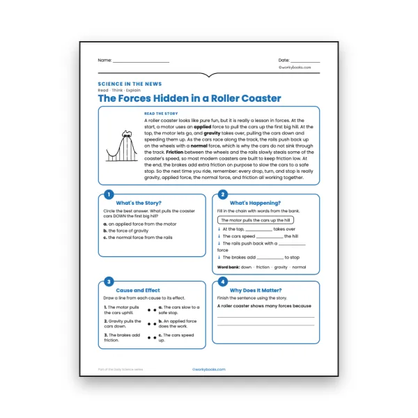 The Forces Hidden in a Roller Coaster - worksheet educational content