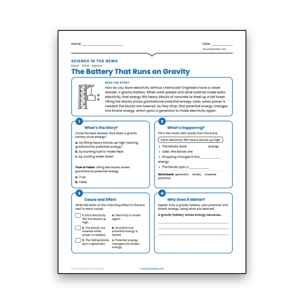 The Battery That Runs on Gravity - worksheet educational content