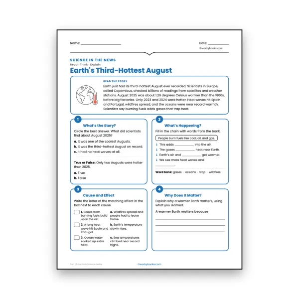 Earth's Third-Hottest August - worksheet educational content