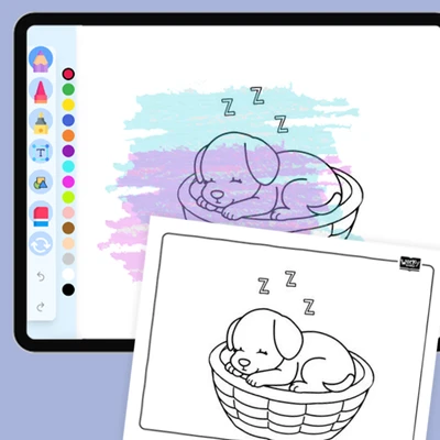 Sleepy Puppy in a Basket - coloring educational content