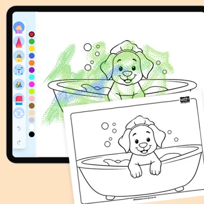 Puppy Taking a Bath - coloring educational content