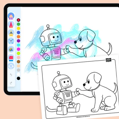 Puppy Playing with a Toy Robot - coloring educational content