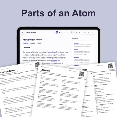 Parts of an Atom - reading educational content