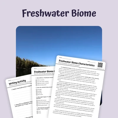 Freshwater Biome reading passage for grades 5 to 8