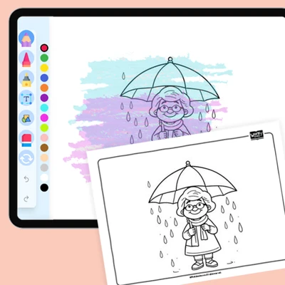 Grandma with Umbrella - coloring educational content
