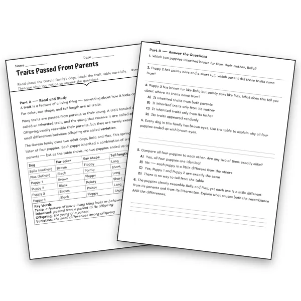 Traits Passed From Parents - worksheet educational content