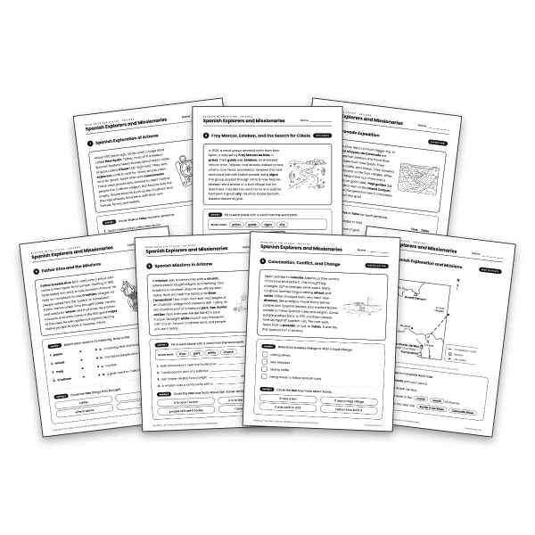 Arizona's Spanish Explorers and Missionaries worksheet for grade 3