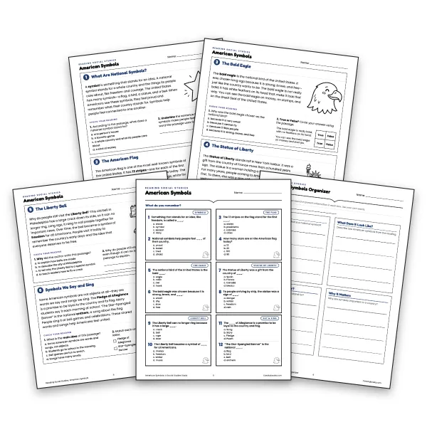 American Symbols Reading Cards - worksheet educational content