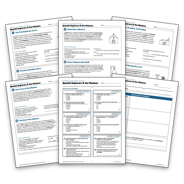 Spanish Explorers & the Missions in California - worksheet educational content