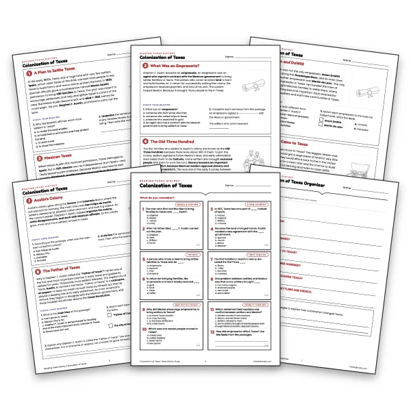 Colonization of Texas - worksheet educational content