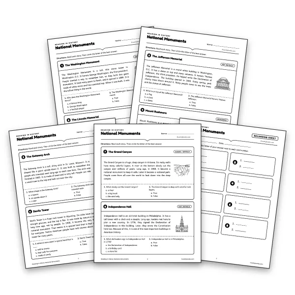 National Monuments Picture Reading Cards  - worksheet educational content