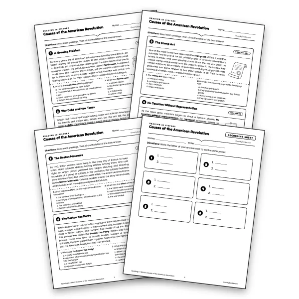 Causes of the American Revolution Reading Cards  - worksheet educational content