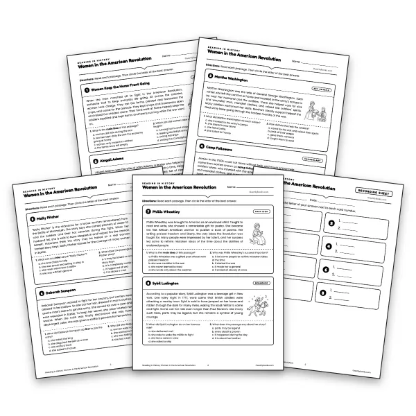 Women in the American Revolution Reading Cards  - worksheet educational content