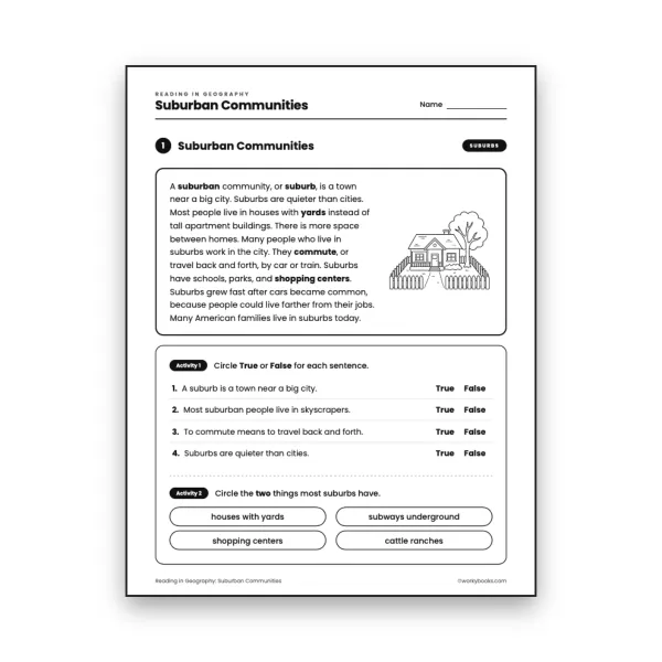 Suburban Communities worksheet for grade 3