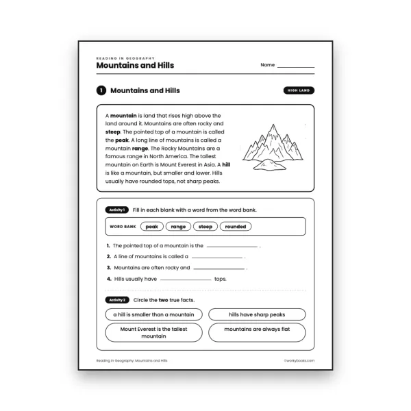 Grade 3 Mountains and Hills worksheet for grade 3