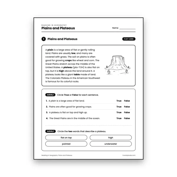 Grade 3 Plains and Plateaus worksheet for grade 3