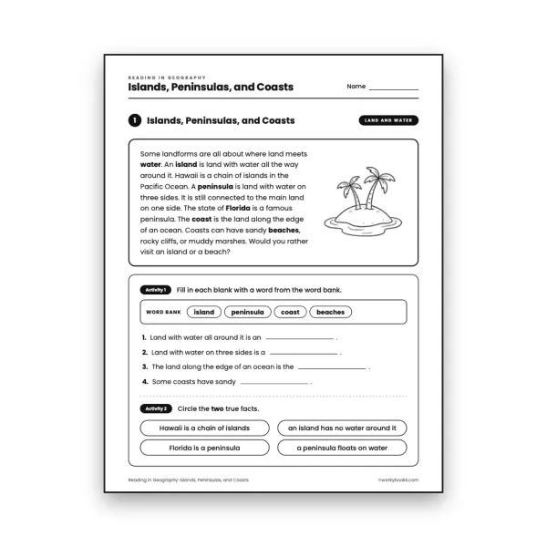 Grade 3 Islands, Peninsulas, and Coasts worksheet for grade 3