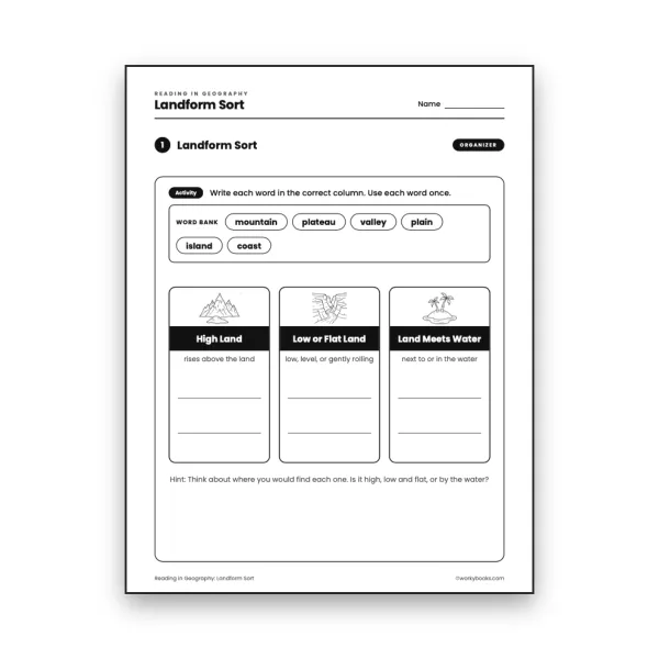 Grade 3 Landform Sort  worksheet for grade 3