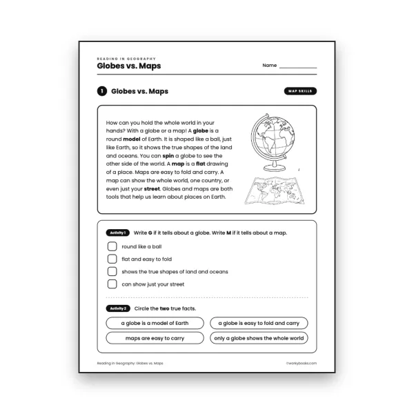 Globes vs. Maps worksheet for grade 3