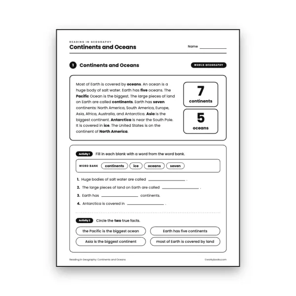 Continents and Oceans worksheet for grade 3