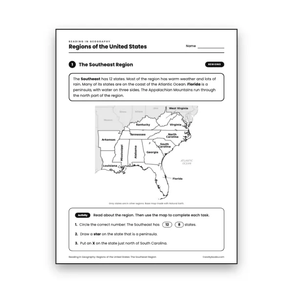 The Southeast Region worksheet for grade 3