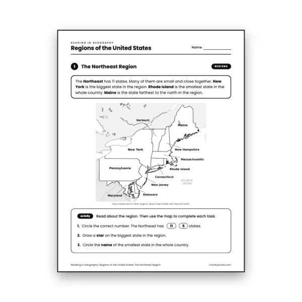 The Northeast Region worksheet for grade 3