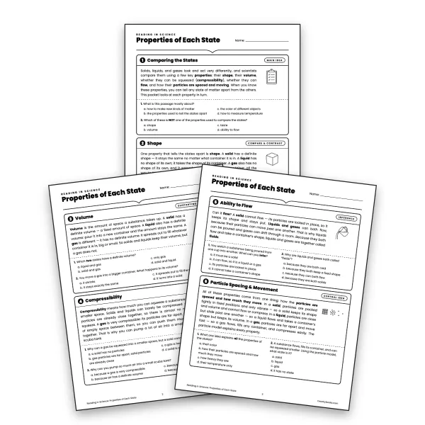 Reading in Science: Properties of Each State - worksheet educational content