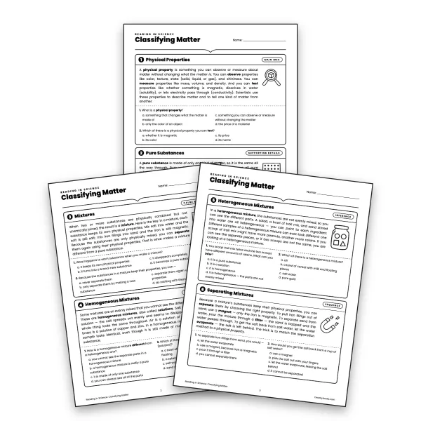 Reading in Science: Classifying Matter - worksheet educational content