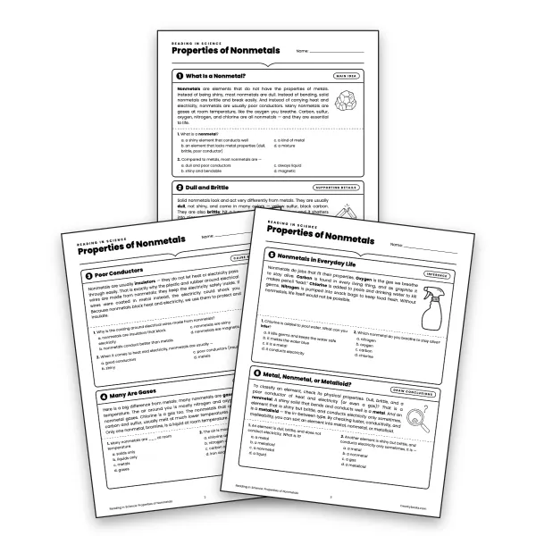 Reading in Science: Properties of Nonmetals - worksheet educational content