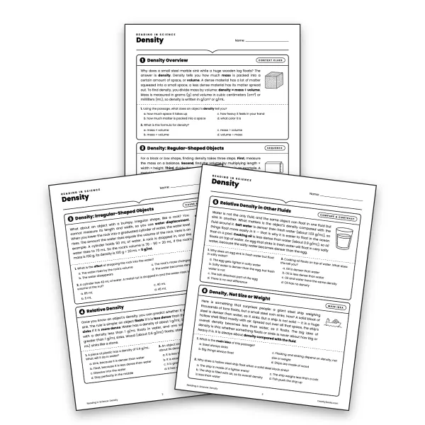 Reading in Science: Density - worksheet educational content