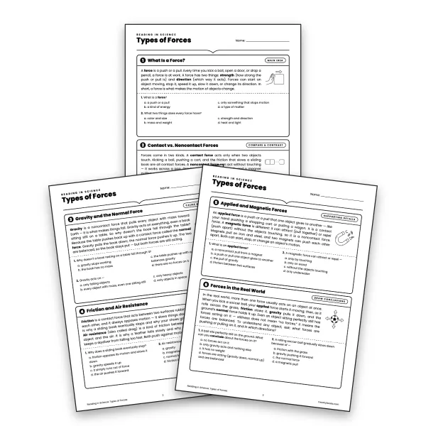 Reading in Science: Types of Forces - worksheet educational content