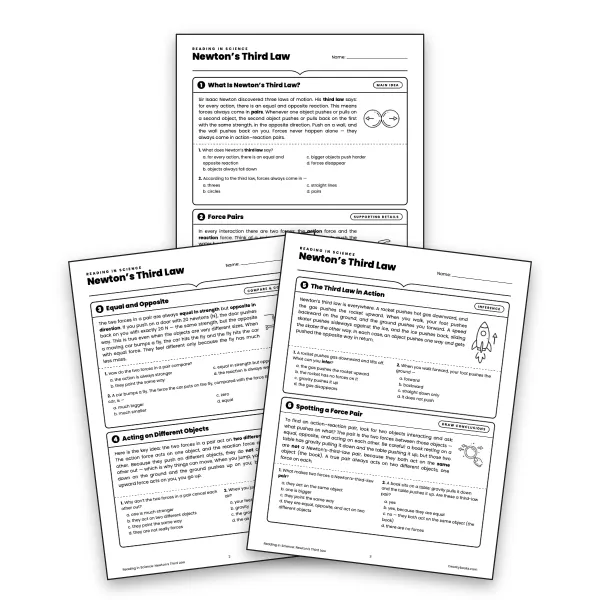Reading in Science: Newton's Third Law - worksheet educational content