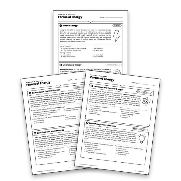 Reading in Science: Forms of Energy - worksheet educational content