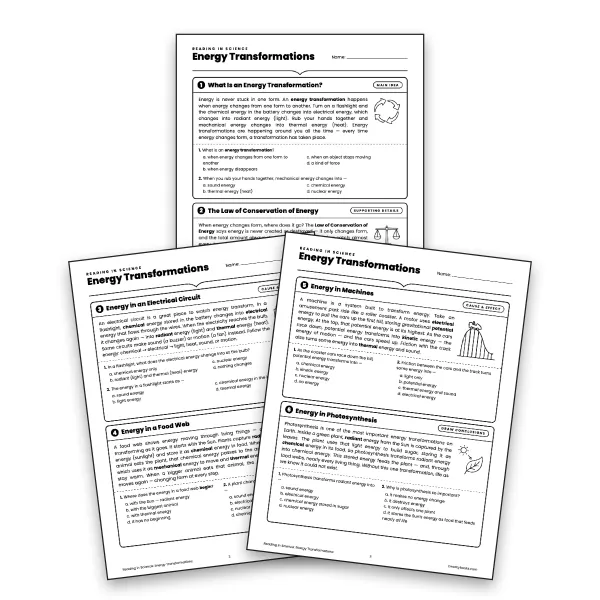 Reading in Science: Energy Transformations - worksheet educational content