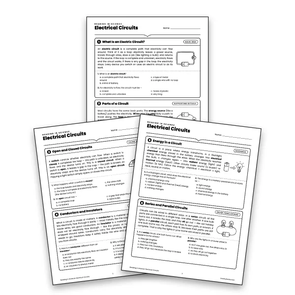 Reading in Science: Electrical Circuits worksheet for grade 6